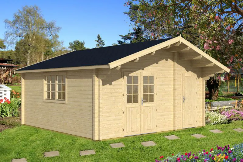 Holz-Gartenhaus 5,95 x 5,49 Meter (inkl. Dach) | 1 Fenster | 70 mm Blockbohlen |natur unbehandelt | Satteldach | inkl. Fußboden | aus nordischer Fichte Abbildung