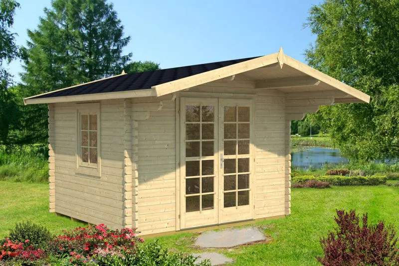 Holz-Gartenhaus 4,5 x 3,9 Meter (inkl. Dach) | 1 Fenster | 40 mm Blockbohlen |natur unbehandelt | Satteldach | inkl. Fußboden | aus nordischer Fichte Abbildung