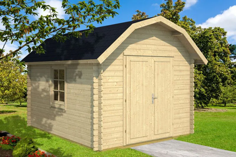 Holz-Gartenhaus 4,05 x 3,18 Meter (inkl. Dach) | 1 Fenster | 28 mm Blockbohlen |natur unbehandelt | Satteldach | inkl. Fußboden | aus nordischer Fichte Abbildung