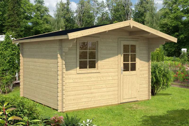 Holz-Gartenhaus 4,1 x 3,94 Meter (inkl. Dach) | 1 Fenster | 40 mm Blockbohlen |natur unbehandelt | Satteldach | inkl. Fußboden | aus nordischer Fichte Abbildung
