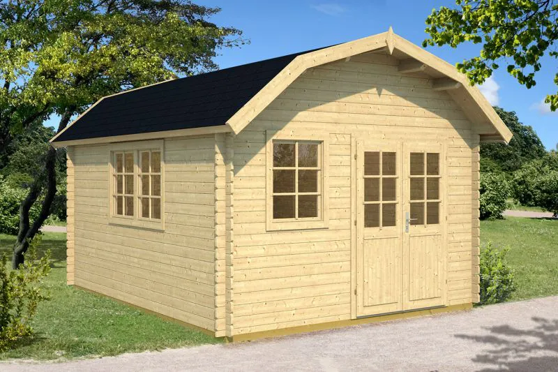 Holz-Gartenhaus 5,05 x 3,9 Meter (inkl. Dach) | 2 Fenster | 40 mm Blockbohlen |natur unbehandelt | Satteldach | inkl. Fußboden | aus nordischer Fichte Abbildung