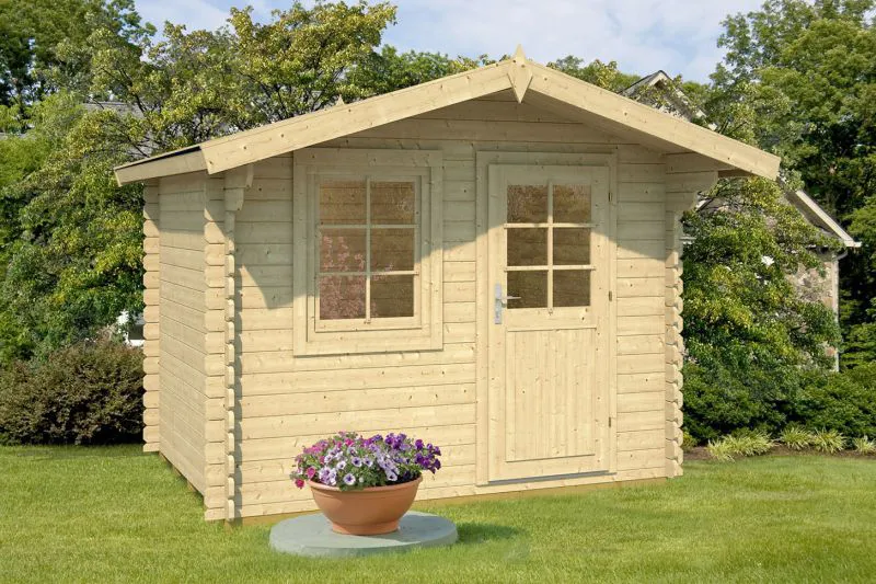 Holz-Gartenhaus 2,9 x 3,15 Meter (inkl. Dach) | 1 Fenster | 28 mm Blockbohlen |natur unbehandelt | Satteldach | inkl. Fußboden | aus nordischer Fichte Abbildung