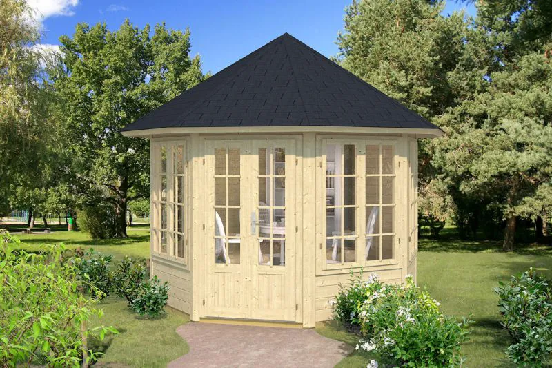 Holz-Gartenhaus 2,48 x 2,48 Meter (inkl. Dach) | 4 Fenster | 40 mm Blockbohlen |natur unbehandelt | Zeltdach | inkl. Fußboden | aus nordischer Fichte Abbildung