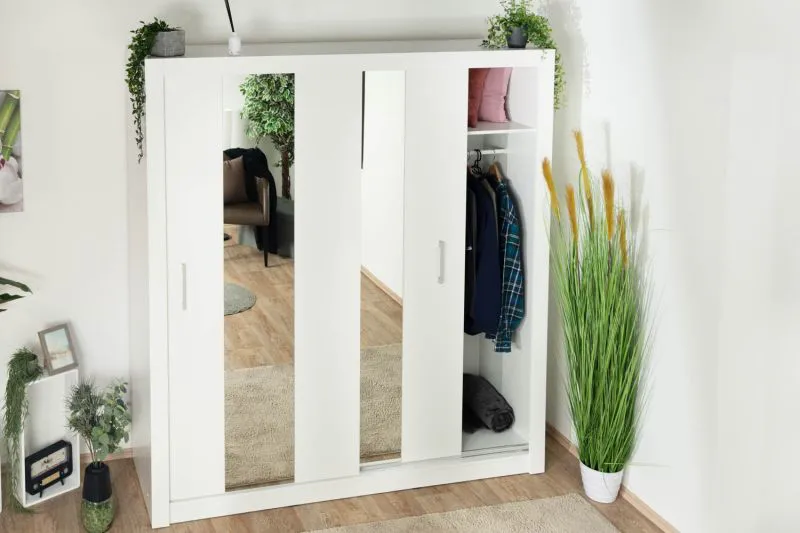 200 cm breiter Kleiderschrank mit 2 Türen | 6 Fächer | Farbe: Weiß Abbildung