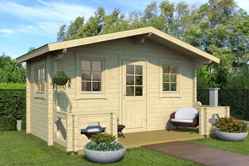 Holz-Gartenhaus 3,64 x 5,16 Meter (inkl. Dach) | 4 Fenster | 70 mm Blockbohlen |natur unbehandelt | Satteldach | inkl. Fußboden | aus nordischer Fichte Abbildung
