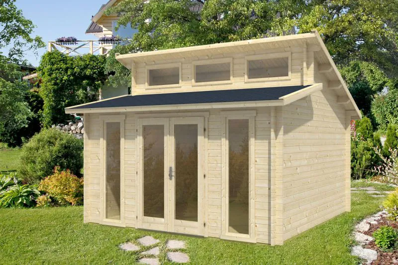 Gartenhaus 3,9 x 5 Meter (inkl. Dach) | 5 Fenster | 70 mm Blockbohlen |natur unbehandelt | Versetztes Pultdach | inkl. Fußboden | aus nordischer Fichte Abbildung
