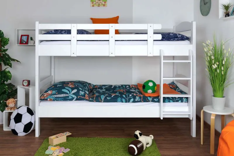 Stockbett 90 x 190 cm | Massivholz: Buche | Weiß Lackiert | umbaubar in zwei Einzelbetten | Premium-Qualität | inkl. Rollroste Abbildung