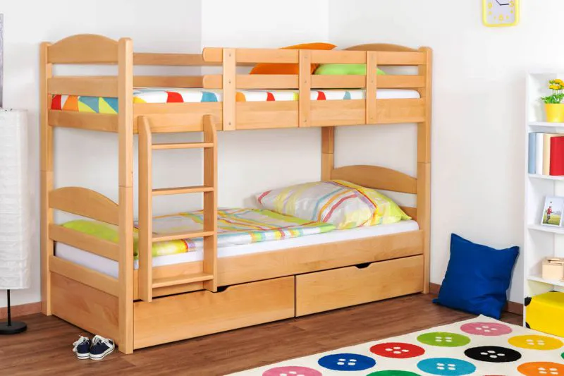 Massivholz Etagenbett inkl. Stauraum für Kinder und Jugendliche | inkl. 2 Schubladen | Matratzenmaß: 90 x 200 cm | Natur Lackiert | umbaubar in 2 Einzelbetten | Premium-Qualität | inkl. Rollroste Abbildung