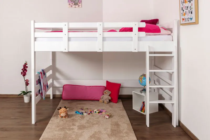 Massivholz Hochbett für Kinder | Matratzenmaß: 120 x 200 cm | Weiß Lackiert | umbaubar in Einzelbett | Premium-Qualität | inkl. Rollrost Abbildung