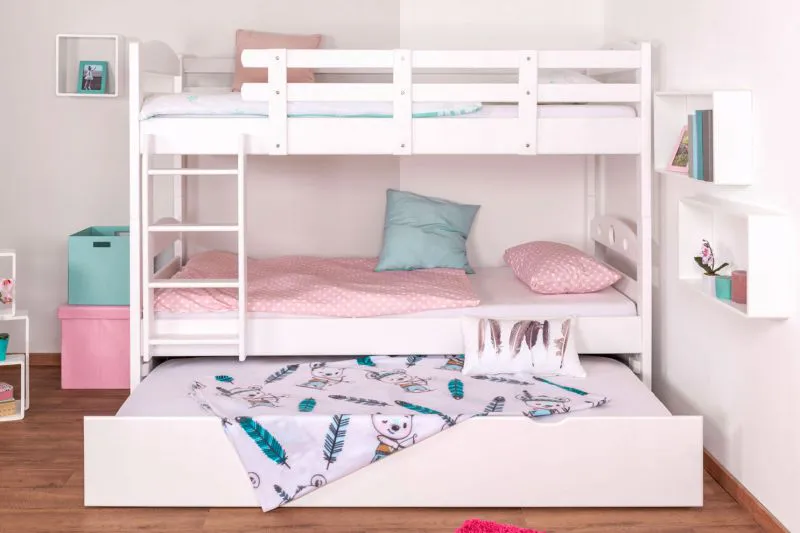 90 x 200 cm Stockbett inkl. Ausziehbett für 3. Liegeplatz 90 x 190 cm (Bettkasten/Stauraum) | Massivholz: Buche | Weiß Lackiert | umbaubar in zwei Einzelbetten | Premium-Qualität | inkl. Rollroste Abbildung