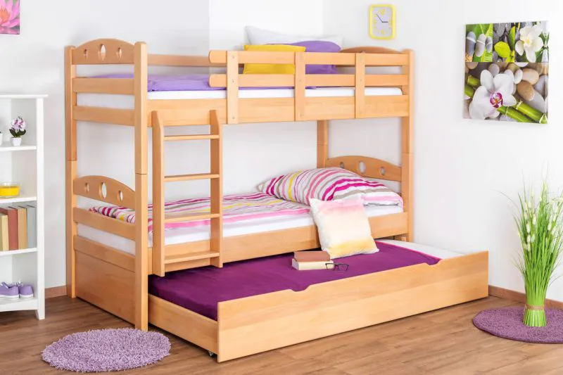 Massivholz Etagenbett inkl. Rollbett/Ausziehbett für Kinder und Jugendliche | Matratzenmaß: 90 x 200 cm | Natur Lackiert | umbaubar in 2 Einzelbetten | mit Rollbett | inkl. Rollroste Abbildung