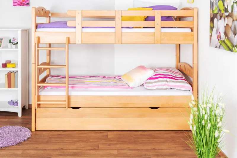 90 x 200 cm Stockbett inkl. Ausziehbett für 3. Liegeplatz 90 x 190 cm (Unterkasten/Stauraum) | Massivholz: Buche | Natur Lackiert | umbaubar/teilbar in zwei Einzelbetten | inkl. Rollroste Abbildung
