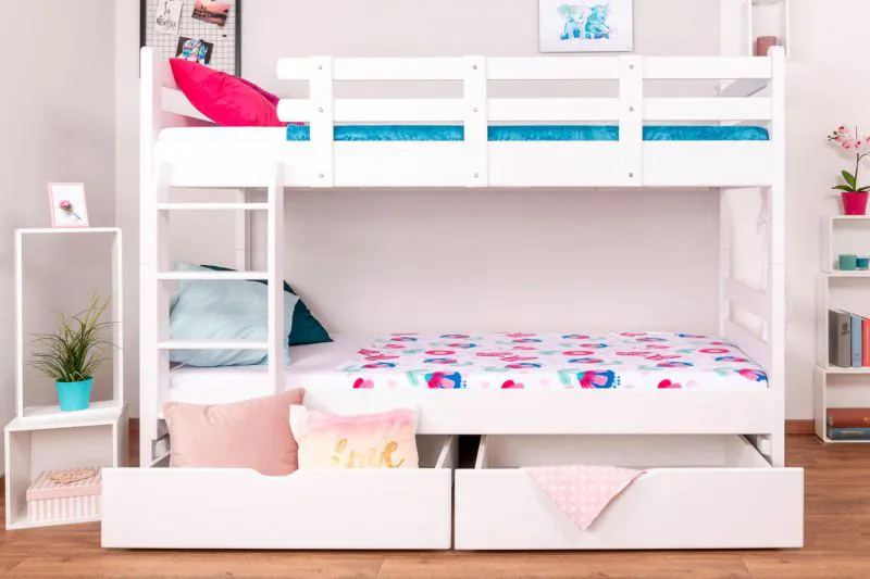 Funktions-Stockbett 90 x 200 cm mit 2 Schubladen als Stauraum | Massivholz: Buche | Weiß Lackiert | umbaubar in zwei Einzelbetten | Premium-Qualität | inkl. Rollroste Abbildung