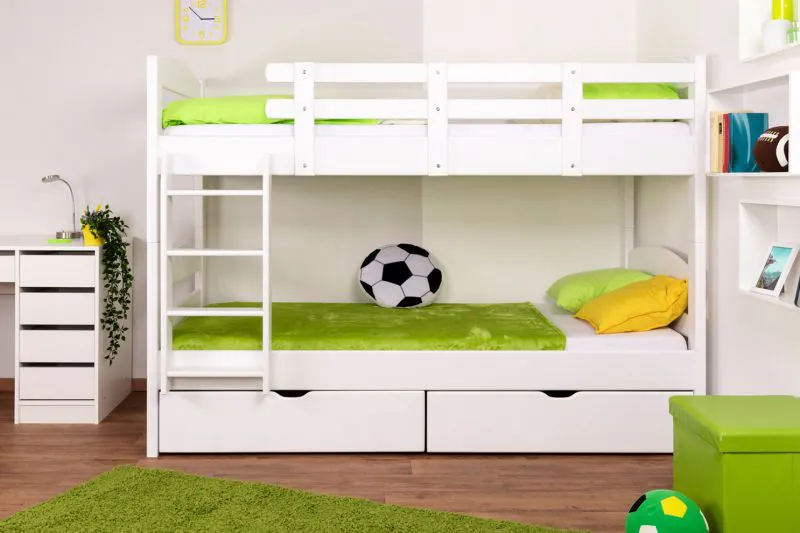 Funktions-Stockbett 90 x 200 cm mit 2 Schubladen als Stauraum | Massivholz: Buche | Weiß Lackiert | umbaubar in zwei Einzelbetten | Premium-Qualität | inkl. Rollroste Abbildung