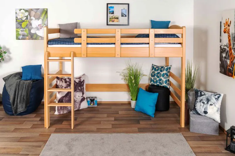Massivholz Hochbett für Kinder | Matratzenmaß: 90 x 190 cm | Natur Lackiert | umbaubar in Einzelbett | Premium-Qualität | inkl. Rollrost Abbildung