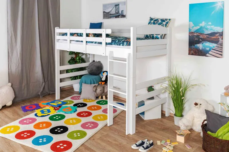 Hochbett für Jugendzimmer 90 x 190 cm | Massivholz: Buche | Weiß Lackiert | umbaubar in Einzelbett | Premium-Qualität | inkl. Rollrost Abbildung