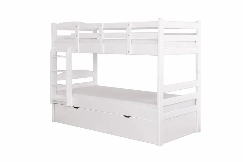 90 x 200 cm Stockbett inkl. Ausziehbett für 3. Liegeplatz 90 x 190 cm (Bettkasten/Stauraum) | Massivholz: Buche | Weiß Lackiert | umbaubar in zwei Einzelbetten | Premium-Qualität | inkl. Rollroste Abbildung