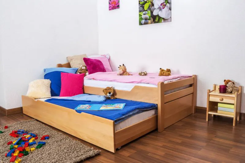 Bettrahmen für Kinder / Kinderzimmer-Bett 90 x 200 cm | Massivholz: Buche | Natur Lackiert | inkl. 2. Liegeplatz 90 x 190 cm ausziehbar und 2 Rollrost | besonders hohe Qualität Abbildung