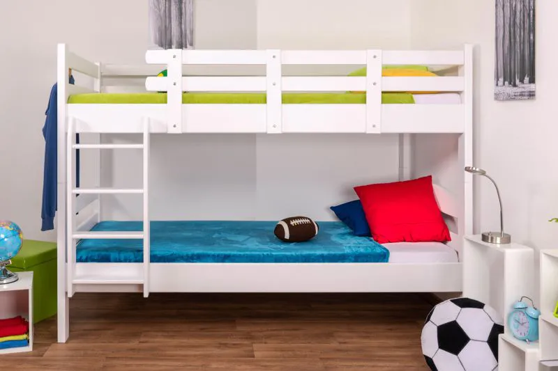 Massivholz Stockbett für Kinder und Jugendliche | Matratzenmaß: 90 x 200 cm | Weiß Lackiert | umbaubar in 2 Einzelbetten | Premium-Qualität | inkl. Rollroste Abbildung