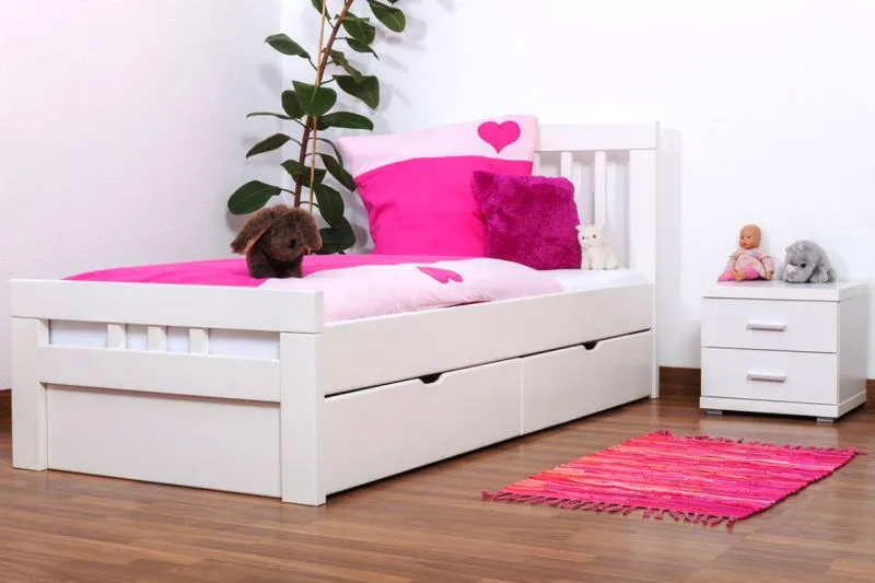 90 x 200 cm Bettrahmen für Kinder | inkl. Stauraum / 2 Schubladen | Massivholz: Buche | Weiß Lackiert | inkl. Lattenrost Abbildung