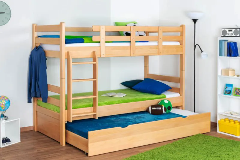 90 x 200 cm Kinderetagenbett inkl. Bettkasten als 3. Liegefläche | Massivholz: Buche | Natur Lackiert | umbaubar in 2 Einzelbetten | Bettkasten als Stauraum oder Liegefläche | inkl. Rollroste Abbildung
