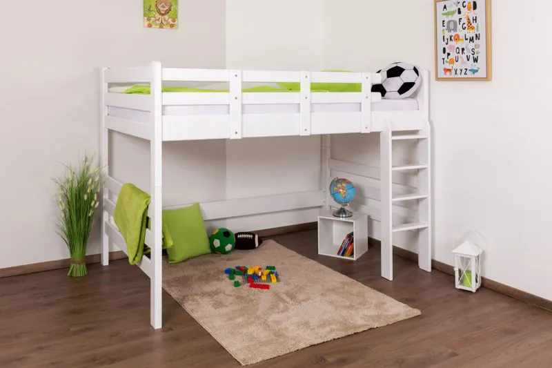 Kinderzimmer-Hochbett 120 x 200 cm | Massivholz: Buche | Weiß Lackiert | umbaubar in Einzelbett | Premium-Qualität | inkl. Rollrost Abbildung