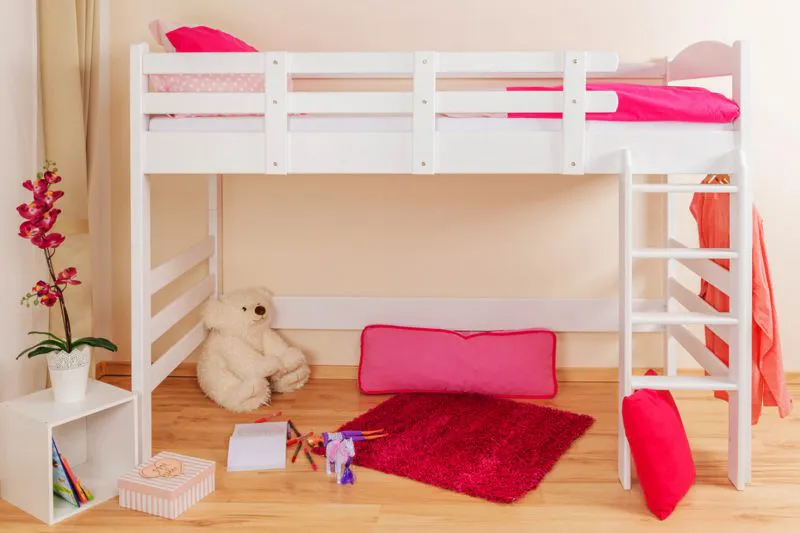 Weißes Kinder-Hochbett 90 x 200 cm | Massivholz: Buche | Weiß Lackiert | umbaubar in Einzelbett | Premium-Qualität | inkl. Rollrost Abbildung