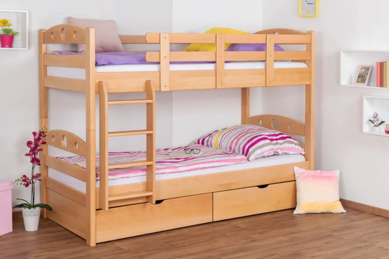 Jugendetagenbett inkl. Stauraum (2 Schubladen) | 90 x 200 cm | Massivholz: Buche | Natur Lackiert | umbaubar in 2 Einzelbetten | Premium-Qualität | inkl. Rollroste Abbildung