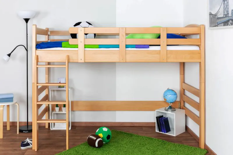 Jugendhochbett 90 x 200 cm | Massivholz: Buche | Natur Lackiert | umbaubar in Einzelbett | Premium-Qualität | inkl. Rollrost Abbildung