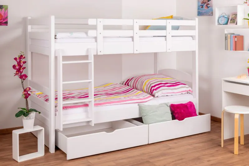 Jugendetagenbett inkl. Stauraum (2 Schubkästen) | 90 x 200 cm | Massivholz: Buche | Weiß Lackiert | umbaubar in 2 Einzelbetten | Premium-Qualität | inkl. Rollroste Abbildung