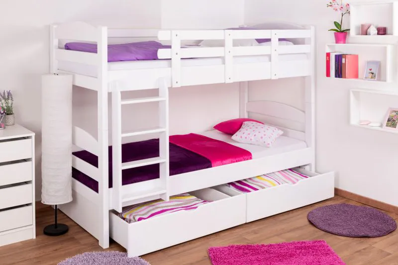 Jugendetagenbett inkl. Stauraum (2 Schubkästen) | 90 x 200 cm | Massivholz: Buche | Weiß Lackiert | umbaubar in 2 Einzelbetten | Premium-Qualität | inkl. Rollroste Abbildung