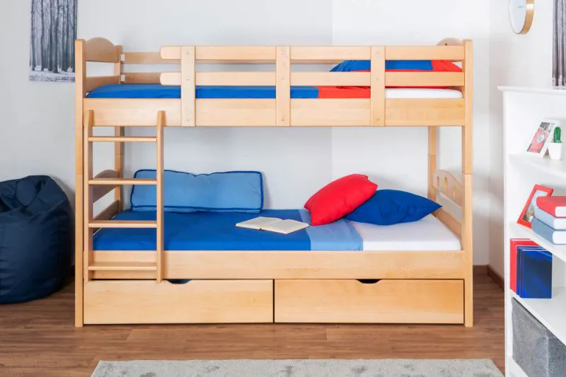 Jugendetagenbett inkl. Stauraum (2 Schubladen) | 90 x 200 cm | Massivholz: Buche | Natur Lackiert | umbaubar in 2 Einzelbetten | Premium-Qualität | inkl. Rollroste Abbildung