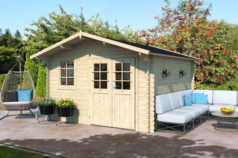 Holz-Gartenhaus 4,48 x 3,74 Meter (inkl. Dach) | Natur | Satteldach | 28 mm Blockbohlen-Haus Abbildung