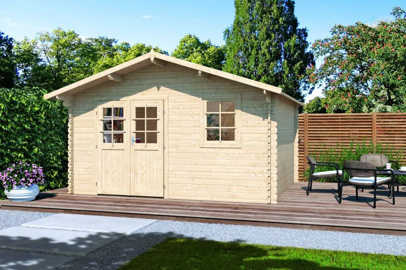 Holz-Gartenhaus 3,98 x 4,21 Meter (inkl. Dach) | Natur | Satteldach | 28 mm Blockbohlen-Haus Abbildung