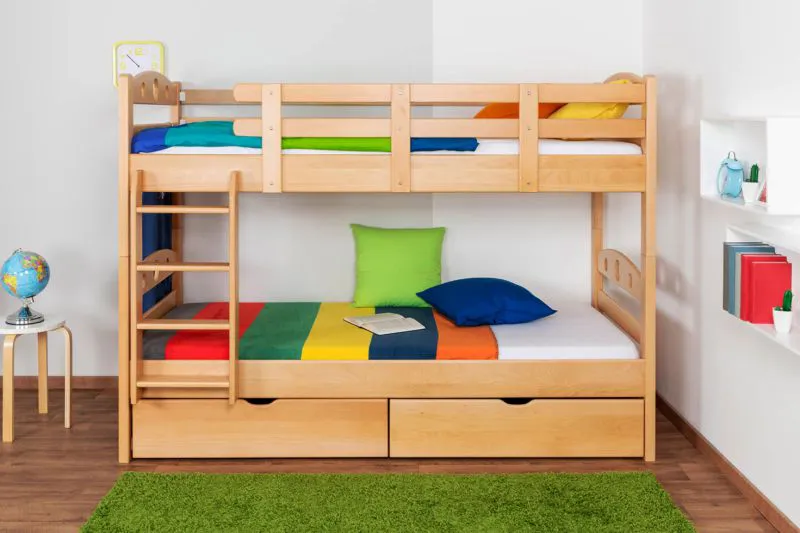 Jugendstockbett inkl. Stauraum (2 Schubladen) | 90 x 200 cm | Massivholz: Buche | Natur Lackiert | umbaubar in 2 Einzelbetten | Premium-Qualität | inkl. Rollroste Abbildung