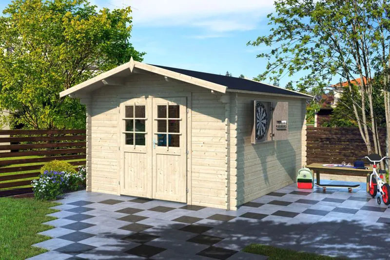 Holz-Gartenhaus 3,98 x 3,19 Meter (inkl. Dach) | Natur | Satteldach | 28 mm Blockbohlen-Haus Abbildung