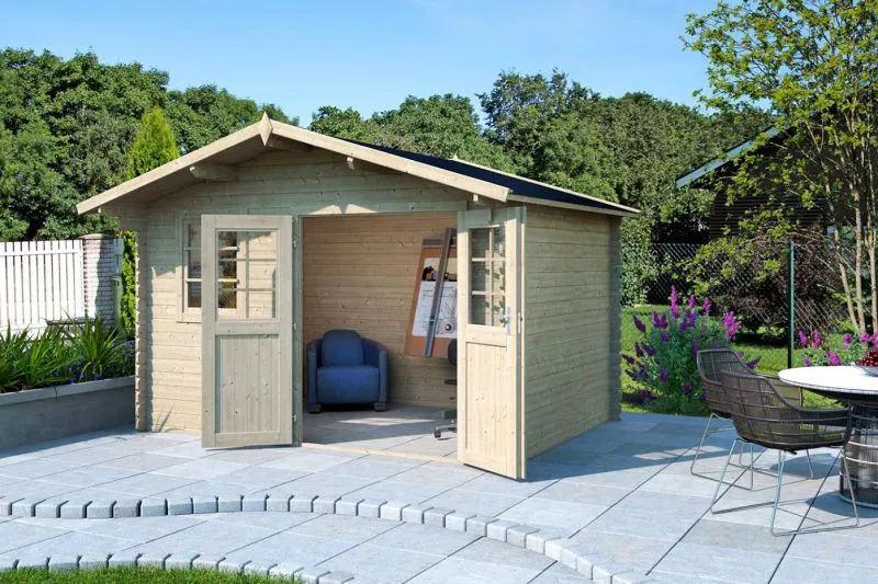 Holz-Gartenhaus 3,48 x 3,74 Meter (inkl. Dach) | Natur | Satteldach | 28 mm Blockbohlen-Haus Abbildung