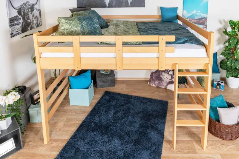 Breites Jugendhochbett 160 x 190 cm | Massivholz: Buche | Natur Lackiert | umbaubar in Einzelbett | Premium-Qualität | inkl. Rollrost Abbildung