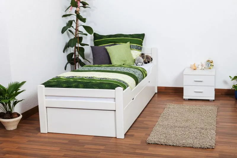 Bettrahmen für Kinder 90 x 200 cm mit Ausziehbett 90 x 190 cm | Massivholz: Buche | Weiß Lackiert | inkl. 2. Liegeplatz 90 x 190 cm ausziehbar und 2 Rollrost Abbildung
