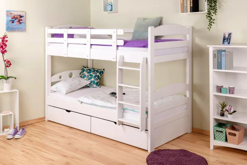 Etagenbett mit Stauraum / 2 Schubkästen für Kinder 90 x 200 cm | Massivholz: Buche | Weiß Lackiert | umbaubar in 2 Einzelbetten | Premium-Qualität | inkl. Rollroste Abbildung