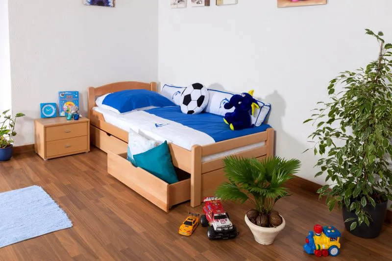 Bettrahmen für Kinder / Kinderbett 90 x 200 cm | Massivholz: Buche | Natur Lackiert | inkl. 2 Schubladen und Lattenrost | besonders hohe Qualität Abbildung