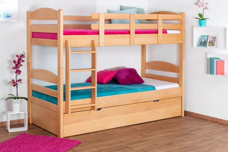 Stockbett + Ausziehbett für Jugendliche 90 x 200 cm | Massivholz: Buche | Natur Lackiert | inkl. Stauraum/Ausziehbett | umbaubar in 2 Einzelbetten | inkl. Rollroste Abbildung