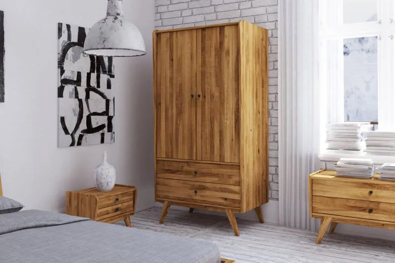 Kleiderschrank | 2 Drehtüren | 5 Fächer | 2 Schubladen | mit Kleiderstange | 100 cm breit | Massivholz | Farbe: Natur Abbildung