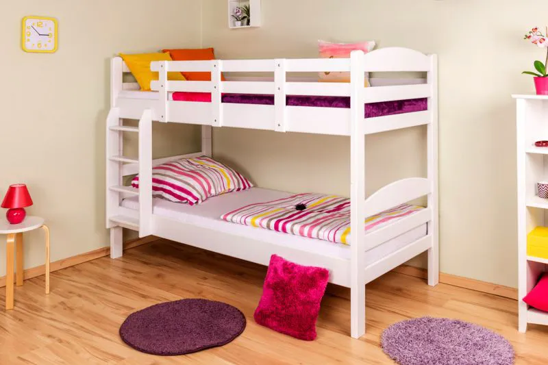 Etagenbett für Kinder 90 x 200 cm | Massivholz: Buche | Weiß Lackiert | umbaubar in 2 Einzelbetten | inkl. Rollroste Abbildung