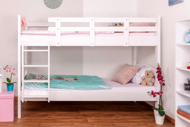 Stockbett für Jugendliche 90 x 200 cm | Massivholz: Buche | Weiß Lackiert | umbaubar in 2 Einzelbetten | inkl. Rollroste Abbildung