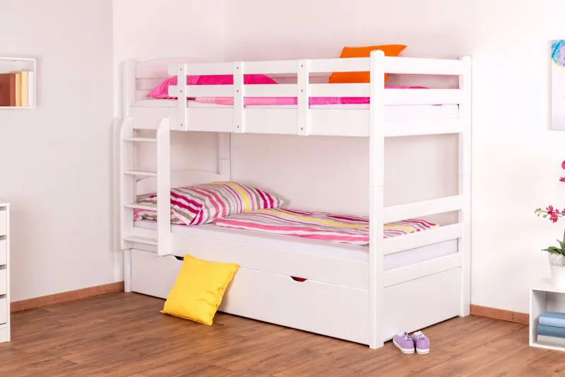 Etagenbett + Bettkasten für Kinder 90 x 200 cm | Massivholz: Buche | Weiß Lackiert | umbaubar in 2 Einzelbetten | inkl. Bettkasten | inkl. Rollroste Abbildung