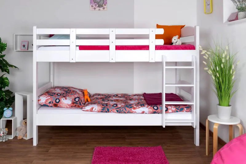 Stockbett für Kinder 90 x 190 cm | Massivholz: Buche | Weiß Lackiert | umbaubar in 2 Einzelbetten | inkl. Rollroste Abbildung
