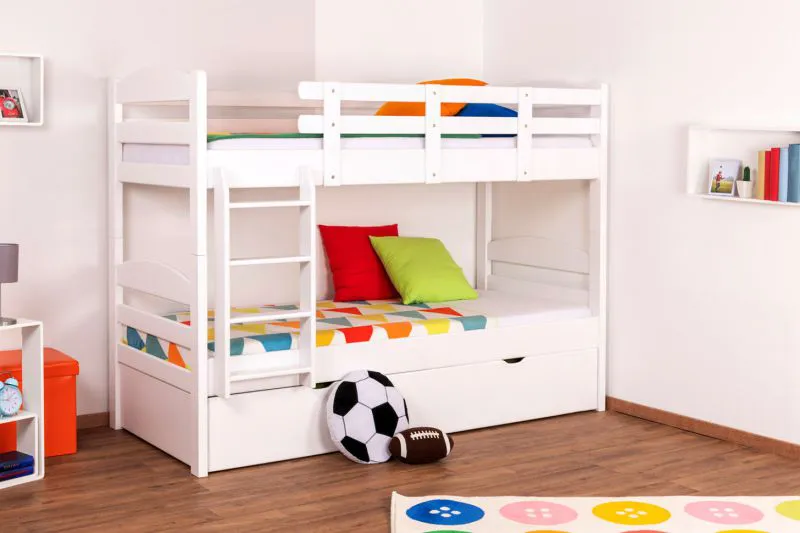 Etagenbett + Ausziehbett für Kinder 90 x 200 cm | Massivholz: Buche | Weiß Lackiert | inkl. Stauraum/Ausziehbett | umbaubar in 2 Einzelbetten | inkl. Rollroste Abbildung