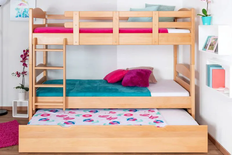 Etagenbett + Ausziehbett für Jugendliche 90 x 200 cm | Massivholz: Buche | Natur Lackiert | inkl. Stauraum/Ausziehbett | umbaubar in 2 Einzelbetten | inkl. Rollroste Abbildung