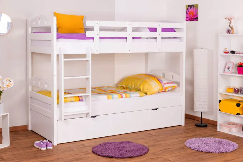 Stockbett + Ausziehbett für Jugendliche 90 x 200 cm | Massivholz: Buche | Weiß Lackiert | inkl. Bettkasten | umbaubar in 2 Einzelbetten | inkl. Rollroste Abbildung